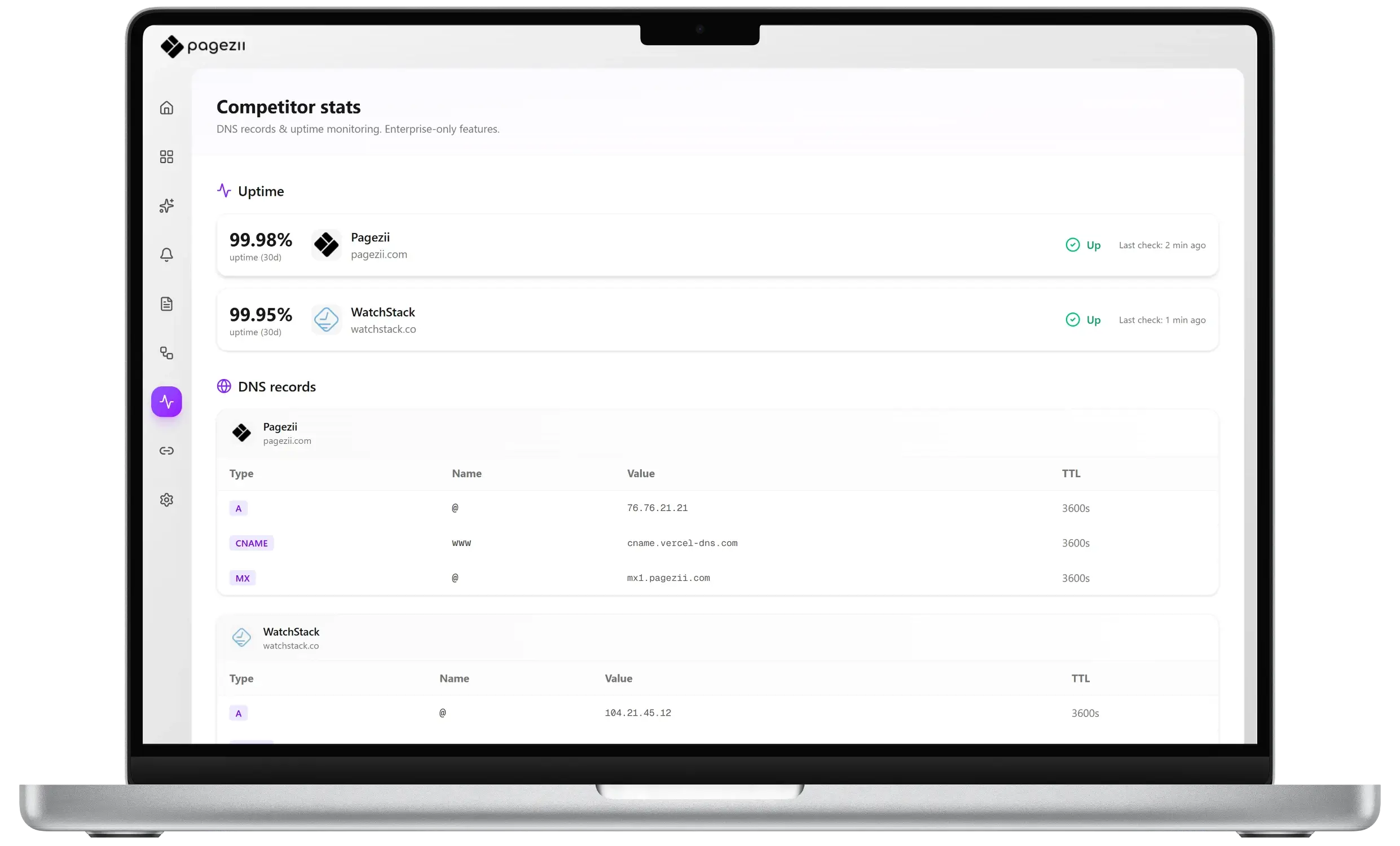 Pagezii competitor statistics - DNS and uptime tracking